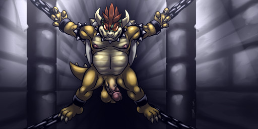 armband balls bound chain chained collar collar_only dungeon genitals half-erect horn humanoid_genitalia humanoid_penis looking_at_viewer male musclegut muscular nipples nude penis prisoner red_eyes saggy_balls solo spiked_armband spiked_collar spikes suspension bassybefuddle conditional_dnp mario_bros nintendo bowser koopa scalie