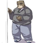 anthro belly bottomwear brown_body brown_fur clothing fur humanoid_hands kemono male overweight overweight_anthro overweight_male pants shirt simple_background solo topwear emufu bear mammal 1:1 2014