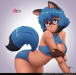 anthro black_ears black_nose blue_clothing blue_hair blue_tail bluesky_handle bottomwear breasts brown_markings cleavage cleavage_cutout clothed clothing cutout deviantart_username dipstick_hair dipstick_tail facial_markings female fluffy fluffy_tail glistening glistening_eyes glistening_hair glistening_tail gloves_(marking) gradient_background hair head_markings logo markings mask_(marking) multicolored_eyes newgrounds_username pointy_ears prick_ears simple_background solo suggestive_pose tail tail_markings tan_body text thick_thighs twitter_handle clouddg brand_new_animal studio_trigger michiru_kagemori canid canine mammal raccoon_dog tanuki signature url