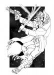 angry anthro blaster blaster_pistol border dual_wielding facial_markings fire future grin gun handgun head_markings holding_object holding_weapon lightsaber male markings melee_weapon ranged_weapon smile solo strafing sword tail weapon white_border cockiestspaniel star_wars cade canid canine fox mammal 2011 monochrome