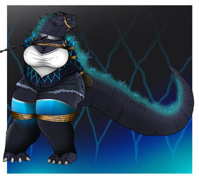 angry anthro arms_tied bagged bdsm big_breasts bondage bound bound_and_gagged breasts chain collar female gag gagged glowing hands_behind_back overweight overweight_female rope rope_gag snarling solo spikes teeth thick_thighs lovemummification godzilla_(series) toho godzilla kaiju reptile scalie hi_res