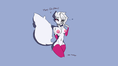 anthro areola arm_warmers armwear barbell_piercing big_breasts blue_background breasts chest_tuft clothing collar dialogue eyelashes female fingers front_view fur glistening_eyelids grey_body grey_fur hair heart_symbol humanoid_hands legwear long_eyelashes medium_hair navel nipple_dip nipple_piercing nipples piercing pink_areola pink_arm_warmers pink_armwear pink_clothing pink_legwear pink_nipples pink_thigh_highs red_sclera simple_background smile solo standing talking_to_viewer text thigh_highs tuft white_body white_eyes white_fur white_hair wide_hips alexsavenije hellaverse helluva_boss mythology loona_(helluva_boss) canid canid_demon canine demon hellhound mammal mythological_canine mythological_creature absurd_res artist_name english_text hi_res portrait three-quarter_portrait