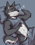 anthro athletic athletic_anthro athletic_male bed bed_sheet bedding biceps biped black_nose blep blush bodily_fluids claws clothed clothing clothing_lift cum cum_on_belly cum_on_body cum_on_clothing cum_on_self drooling eyebrows eyes_closed fingers fur furniture genital_fluids grey_body grey_fur grey_tail inner_ear_fluff male multicolored_body multicolored_fur navel on_bed partially_clothed pillow pubes saliva shirt shirt_lift simple_background sleeping solo sound_effects tail tank_top tongue tongue_out topwear tuft two_tone_body two_tone_fur two_tone_tail vowelless vowelless_sound_effect white_body white_fur white_tail zzz flunky flunky_(character) canid canine canis mammal wolf hi_res