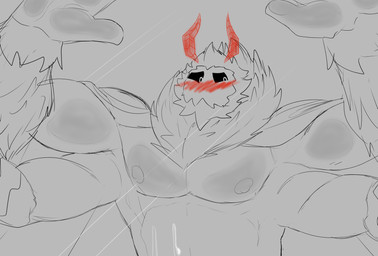 4_arms antennae_(anatomy) anthro barazoku beard blush bodily_fluids body_hair cum duo facial_hair genital_fluids male male/male markings multi_arm multi_limb muscular muscular_anthro muscular_male neck_tuft nipples pecs red_body tuft wings zordykeaboo home_zomewhere_else mothoc arthropod insect lepidopteran moth hi_res