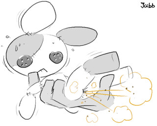 ambiguous_gender anthro anus barely_visible_anus being_held bite biting_lip bodily_fluids butt button_(fastener) button_eyes carrying_another disembodied_hand doll duo fart fart_cloud legs_up lying on_back orange_fart_cloud rabbit_ears seam_(sewing) simple_background stitch_(sewing) sweat sweatdrop text white_background jubb animate_inanimate living_doll 2023 5:4 artist_name