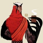 anthro beak biped black_body black_feathers brown_beak clothed clothing container cup eyebrows feathers front_view holding_container holding_cup holding_object holding_tea_cup looking_at_viewer male red_body red_feathers simple_background solo tea_cup kabuki-aku dreamworks kung_fu_panda jindiao accipitrid accipitriform avian bearded_vulture bird old_world_vulture vulture 1:1 2021 absurd_res half-length_portrait hi_res portrait