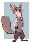 ambiguous_gender anthro barefoot biped blep blue_background claws clothed clothing feet hand_on_hip name_tag one_eye_closed pen simple_background smile solo standing text toe_claws tongue tongue_out white_background wink fuel_(artist) disney zootopia ava_(manedwolf) fan_character canid canine mammal 2019 english_text full-length_portrait hi_res portrait