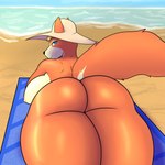 anthro back_boob beach big_breasts big_butt breast_squish breasts butt butt_focus clothing erect_nipples female glistening glistening_body hat headgear headwear huge_butt huge_thighs looking_at_viewer lying nipples on_front presenting presenting_hindquarters seaside side_boob solo squish sun_hat thick_thighs wide_hips jigglephysics animal_crossing nintendo audie_(animal_crossing) canid canine canis mammal wolf 1:1 absurd_res hi_res