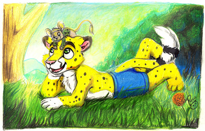 anthro blue_bottomwear blue_clothing blue_shorts bottomwear carrying_another clothed clothing duo fur glistening glistening_eyes grass green_clothing green_eyes green_topwear logo looking_up lying male markings on_front on_head open_mouth open_smile outside pink_nose plant shorts size_difference smile spots spotted_arms spotted_legs spotted_markings spotted_tail tail tail_markings tail_tuft tan_body tan_fur topless topwear tree tuft white_body white_fur yellow_body yellow_fur young young_anthro young_male pandapaco salmy felid mammal mouse murid murine rodent artist_logo signature