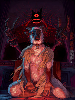 5_fingers anthro barely_visible_genitalia barely_visible_penis bell bell_collar clothed clothing collar crown fingers fur genitals glowing glowing_eyes headgear horn humanoid_hands jingle_bell jingle_bell_collar kneeling looking_at_viewer male on_ground partially_clothed penis realistic red_eyes red_light skeleton_hand solo summoning text torn_clothing wool_(fur) c.t.elder cult_of_the_lamb massive_monster_(studio) lamb_(cult_of_the_lamb) red_crown_(cult_of_the_lamb) bovid caprine mammal sheep 2026 3:4 digital_media_(artwork) url watermark