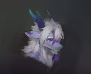 anthro blue_body blue_eyes blue_horn hair horn male mouth_closed multicolored_eyes multicolored_hair narrowed_eyes purple_body purple_eyes purple_hair simple_background solo three-quarter_view two_tone_hair unsigned white_body white_hair awaldkize mythology dragon mythological_creature mythological_scalie scalie bust_portrait hi_res portrait