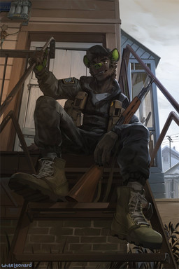 anthro boots claws clothed clothed_male clothing cloud day door finger_claws footwear green_inner_ear green_nose gun hat headgear headwear male male_anthro outside overcast patch_(fabric) plant porch power_lines ranged_weapon rifle shoes sitting sitting_on_porch sky solo stairs text utility_vest weapon window whiteleonard hyena mammal 2025 artist_name english_text hi_res