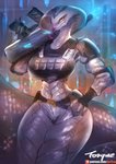 abstract_background anthro apode black_clothing blush breasts clothed clothing female fingerless_gloves forked_tongue genitals gloves grey_body grey_scales gun hand_on_hip handwear holding_object holding_weapon humanoid_genitalia humanoid_pussy legless long_tongue looking_at_viewer non-mammal_breasts patreon_logo pose pussy ranged_weapon rifle scales serpentine small_waist snake_hood solo text tongue tongue_out topwear weapon weapon_on_shoulder wide_hips girlsay patreon x-com x-com:_chimera_squad agent_torque draconcopode naga reptile scalie snake viper_(x-com) 2020 hi_res url