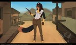 anthro bad_trigger_discipline brown_hair clothed clothing cowboy duel evil_grin femboy fur gun hair high_noon male multicolored_body narrowed_eyes pose ranged_weapon sheriff sheriff_badge smile solo teeth weapon wild_west yarpi ederex canid canine canis mammal wolf 2020 absurd_res digital_media_(artwork) hi_res pinup