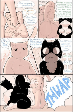 anthro balls biped bodily_fluids dialogue erection fingers foreskin fur genitals glans group kneeling male nude nude_anthro nude_male penis side_view speech_bubble sweat tail text trio sushiamazing domestic_cat felid feline felis mammal comic english_text hi_res