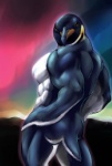 abs anthro aurora_(phenomenon) beak biceps biped black_body brown_eyes butt feathers looking_at_viewer looking_back male muscular muscular_anthro muscular_male nude pecs pose solo standing white_body gweek avian bird emperor_penguin penguin