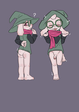 3_toes 4_fingers anthro barefoot black_sleeves blush body_blush bottomless bottomless_anthro bottomless_male butt butt_blush claws clothed clothed_anthro clothed_male clothing eyewear feet fingers floppy_ears foreskin front_and_back fur genitals glasses green_clothing green_eyewear green_glasses green_hat green_headwear green_shirt green_topwear grey_background hat headgear headwear heart_clothing heart_symbol lop_ears male paws penis pink_eyes pink_scarf question_mark scarf shirt simple_background solo standing toes topwear white_body white_fur wizard_hat crowskull deltarune undertale_(series) ralsei bovid caprine goat mammal absurd_res hi_res