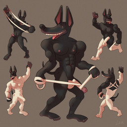 abs anthro athletic bdsm black_body black_nose black_skin bondage bound caricature erection feet genitals glans group humanoid_feet long_ears long_penis male mummification muscular muscular_male nipples pecs penis pink_glans plantigrade silly silly_face simple_background tongue tongue_out ravuer egyptian_mythology middle_eastern_mythology mythology anubis anubian_jackal canid canine canis deity jackal mammal mummy undead 1:1 hi_res