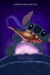 4_fingers 4_toes ambiguous_gender bite black_eyes blue_body blue_claws blue_fur blue_nose claws feet finger_claws fingers fur glowing looking_at_viewer magic magic_lamp notched_ear pink_tongue poster semi-anthro smoke solo teeth text toes tongue hyzenthlayrose aladdin_(2019) disney disney's_aladdin lilo_and_stitch lilo_and_stitch_(2025) stitch_(lilo_and_stitch) alien experiment_(lilo_and_stitch) 2025 crossover digital_drawing_(artwork) digital_media_(artwork) english_text hi_res redraw male_(lore)