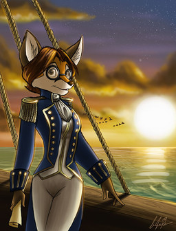 alternative_fashion anthro boat clothed clothing cloud eyewear female glasses j-fashion map ouji_(fashion) outside paper sea sky solo sun vehicle water watercraft thurinus fox_tiberon ambient_bird avian bird canid canine fox mammal