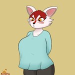 anthro big_breasts bottomwear breasts clothing female hair pants red_hair shirt solo topwear white_body yellow_eyes arturfox meme_clothing chara_senko_yukimoto canid canine fox mammal 1:1 hi_res meme