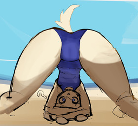 anthro beach blue_eyes clothing ears_down female fur one-piece_swimsuit pivoted_ears question_mark sea sky swimwear water white_body white_fur uonwy canid canine mammal absurd_res colored_sketch hi_res sketch