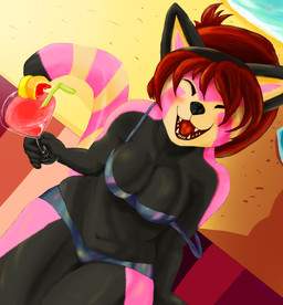 alcohol anthro beach beverage bikini biped breasts chika clothed clothing cocktail drunk female fur hair holding_glass holding_object holidays off_shoulder on_towel outside pink_body pink_fur red_hair sea seaside sitting skimpy slightly_chubby smile solo substance_intoxication summer swimwear tight_clothing towel two-piece_swimsuit water aycee nyrotix ailurid mammal red_panda absurd_res hi_res