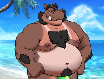 5_fingers anthro beach belly black_hair body_hair chest_hair clothing eye_patch eyewear fingers hair male navel nipples overweight overweight_male palm_tree plant solo speedo sunburn suntan swimwear tree tusks darknessminotaur quantum_love_theory magnus_(quantum_love_theory) common_hippopotamus hippopotamid mammal