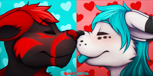 anthro black_body black_ears black_fur black_inner_ear black_nose black_spots blep blue_hair blue_tongue blush boop cheek_tuft dipstick_ears duo ear_markings eyes_closed facial_markings facial_tuft fur hair head_markings heart_background heart_symbol male markings multicolored_ears nose_boop pattern_background red_body red_ears red_fur red_hair red_nose simple_background spots spotted_body spotted_fur text tongue tongue_out tuft white_body white_ears white_fur white_inner_ear mytigertail canid canine fox mammal 2017 2:1 english_text signature
