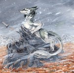 anthro black_body black_eyes black_fur claws cloud fur male melee_weapon mountain nude outside polearm rock sky snow snowing solo spear tail weapon white_body white_fur wind winter heather_bruton sergal 2021