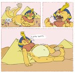 anthro belly big_belly desert female fur group lying macro oral_vore overweight pyramid simple_background text vore yellow_body yellow_fur cchilab mythology felid mammal mythological_creature mythological_sphinx 2018