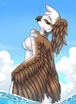 anthro beak bikini bikini_top breasts brown_body clothing cloud feather_hair feather_hands feathered_wings feathers female half-closed_eyes lgbt_pride looking_back narrowed_eyes nipples non-mammal_breasts non-mammal_nipples partially_submerged pride_colors pseudo_hair rear_view sea sky small_breasts solo standing striped_bikini_top swimwear tail tail_feathers transgender_pride_colors two-piece_swimsuit water wet wet_body white_body wings yellow_eyes konejo avian bird 2023 colored digital_drawing_(artwork) digital_media_(artwork) hi_res shaded