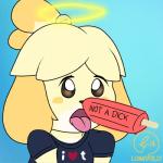 anthro blush clothed clothing female food fur halo heart_symbol open_mouth popsicle simple_background solo text tongue tongue_out yellow_body yellow_fur lunasfolly animal_crossing nintendo tumblr isabelle_(animal_crossing) canid canine canis domestic_dog mammal shih_tzu toy_dog 1:1 english_text