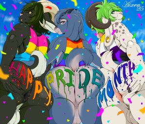 2_horns anthro anus backsack balls big_horn biped black_body black_hair blonde_hair blush blush_lines body_writing bottomless bottomless_male bovid_horn butt caprine_horn clothed clothing countershade_tail countershading day ear_piercing eyebrows floppy_ears gauged_ear genitals group hair horn horn_size_difference lgbt_pride long_ears looking_at_viewer looking_back looking_back_at_viewer low-angle_view male outside piercing pink_body pink_hair pink_nose presenting presenting_hindquarters pride_colors rainbow_pride_colors ram_horn shirt short_hair short_tail small_horn spread_butt spreading tail tank_top text tongue tongue_out topwear trio white_body white_countershading writing_on_butt aixen lgbt_pride_month aspen_(narm) mari_(mariart) bovid caprine goat mammal 2025 english_text hi_res