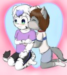 anthro blush clothing duo eyes_closed fur hair heart_(marking) kissing kissing_cheek male male/male markings plantigrade smile white_body white_fur young young_anthro young_male khaimera darkinian canid canine canis felid feline hybrid jaguar mammal pantherine tiger wolf wolfdog hi_res