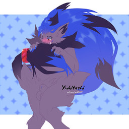accessory alternate_color animal_genitalia anthro balls black_body black_fur blue_background blue_body blue_fur blue_hair blush chest_tuft curvy_figure fangs fur furgonomics genitals grey_body grey_fur hair jewelry male navel nude pattern_background red_eyes ring sheath simple_background slightly_chubby solo tail tail_accessory tail_jewelry tail_ring teeth text tuft white_background yukitashi nintendo pokemon aozora_(zoroark) canid generation_5_pokemon mammal pokemon_(species) zoroark 1:1