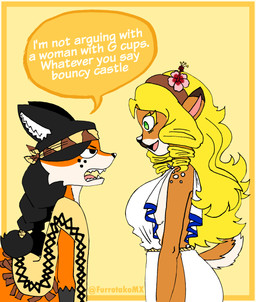 accessory angry anthro big_breasts black_hair black_nose blonde_hair braided_hair breast_envy breast_size_difference breasts cartoon_freckles cheek_tuft chiton clothing countershade_face countershade_neck countershading curly_hair dipstick_tail eyelashes facial_tuft female flower freckled_face freckles fur gloves_(marking) hair hair_accessory hibiscus inner_ear_fluff kerchief long_eyelashes markings navel orange_body orange_fur plant poncho poncho_only short_hair side_boob small_breasts smile speech_bubble spots spotted_shoulders tail tail_markings text tuft efradraws northwind northwind_(efradraws) whatever_you_say_bouncy_castle elafi_(efradraws) shongila_(northwind) canid canine canis deer fox mammal absurd_res digital_drawing_(artwork) digital_media_(artwork) hi_res meme
