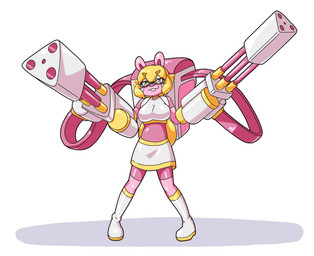 ammo_belt anthro backpack blonde_hair boots bottomwear bra breasts buckteeth clothing female footwear gatling_gun gun gun_arm hair knee_boots knee_highs legwear machine_gun medium_breasts partial_transformation pink_body ranged_weapon round_ears shoes simple_background skirt smile standing teeth underwear weapon weapon_arm white_background yellow_eyes dlrowdog lovely_tail_(dlrowdog) mammal rodent sciurid tree_squirrel