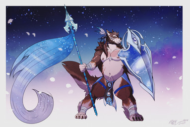 anthro bandage big_feet blue_eyes bottomwear brown_body claws clothing digitigrade ear_piercing feathers feet jewelry loincloth male melee_weapon musclegut muscular necklace nipple_piercing nipples pawpads piercing polearm protruding_teeth scar shield solo spear stocky tribal weapon wolf_tail kydronaegis kydron canid canine canis mammal wolf hi_res