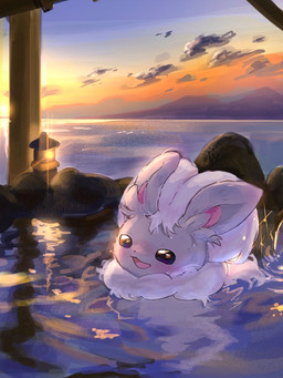 ambiguous_gender bathing black_nose blush cloud feral fur grey_body grey_ears grey_fur hot_spring looking_at_viewer open_mouth rock solo sunset water white_body white_fur namekuj1hey nintendo pokemon cinccino generation_5_pokemon pokemon_(species) 3:4 hi_res
