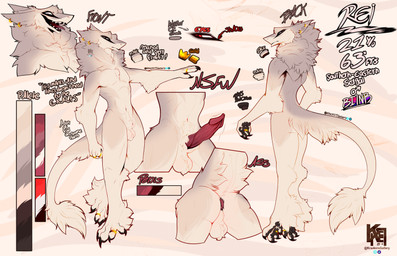 anatomically_correct anatomically_correct_genitalia animal_genitalia anthro anus balls butt ear_piercing fluffy fur genitals long_tail male maned markings nude open_mouth pawpads paws penis piercing red_eyes ring sergal_penis sheath smile solo tail tan_body tan_fur text white_chest krackersgallery rei_(krackersgallery) sergal absurd_res english_text hi_res model_sheet