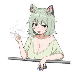 big_breasts black_ear_tips breasts cigarette cigarette_box cigarette_smoke cleavage clothed clothing dipstick_ears ear_markings ear_piercing ear_ring female green_clothing green_hair green_shirt green_topwear hair holding_cigarette holding_object inner_ear_fluff looking_at_viewer markings multicolored_ears open_mouth piercing ring_piercing shirt short_hair simple_background smoke smoke_from_mouth smoking smoking_cigarette solo topwear tuft white_background yellow_eyes cockati chainsmoker_cat yaniko_satou animal_humanoid cat_humanoid felid felid_humanoid feline feline_humanoid humanoid mammal mammal_humanoid 1:1 2026 aliasing digital_media_(artwork)
