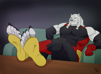 anthro beard braided_mane claws clothing facial_hair feet foot_focus footwear fur male solo toes white_body white_fur yellow_eyes image_comics invincible_(image_comics) thokk_(invincible) felid feline mammal animated