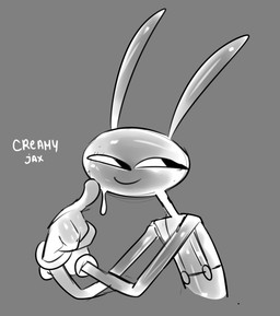 4_fingers anthro bodily_fluids cheeky_smile crossed_arms cum cum_covered fingers genital_fluids glistening glistening_body looking_aside male messy narrowed_eyes smile solo text karnthud glitch_productions the_amazing_digital_circus jax_(tadc) lagomorph leporid mammal rabbit monochrome