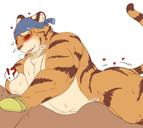 anal anal_penetration anthro blush bodily_fluids breath butt clothing duo eyes_closed faceless_character faceless_male from_behind_position fur heart_symbol human_on_anthro interrobang interspecies kemono kerchief lying male male/male male_penetrated male_penetrating male_penetrating_male muscular muscular_male on_front open_mouth penetration prone_bone_position sex simple_background smile solo_focus speech_bubble speed_bump_position sweat white_background bighornsheep_(artist) felid human mammal pantherine tiger 2018 digital_media_(artwork) flat_colors