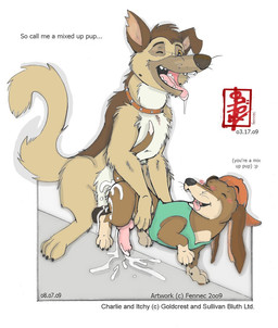 anal animal_genitalia animal_penis anus balls baseball_cap bodily_fluids canine_genitalia canine_penis clothing collar collar_only cum feral fluids_on_ground genital_fluids genitals hat headgear headwear knot knotting male male/male nude paws penis precum shirt solo text topwear fennec_(artist) all_dogs_go_to_heaven don_bluth charlie_barkin itchy_itchiford canid canine canis dachshund domestic_dog german_shepherd herding_dog hunting_dog mammal pastoral_dog