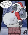 anthro belly big_belly chimney christmas_clothing christmas_headwear clothing fur green_eyes grey_body grey_fur hat headgear headwear holidays male navel open_mouth santa_hat simple_background solo stuck stuck_in_chimney text vore blackmirror359 christmas bow_(bowhuskers) canid canine canis mammal wolf 2023 4:5 alpha_channel english_text