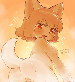 anthro bodily_fluids brush female genitals gradient_background hair heart_symbol humanoid_genitalia kemono loli looking_at_viewer looking_back looking_back_at_viewer nude oppai_loli orange_background orange_hair pose red_eyes simple_background solo sweat teeth text vulva wet white_body young young_anthro young_female nawoshida domestic_cat felid feline felis mammal 2025 artist_name dated detailed digital_drawing_(artwork) digital_media_(artwork) english_text hi_res signature