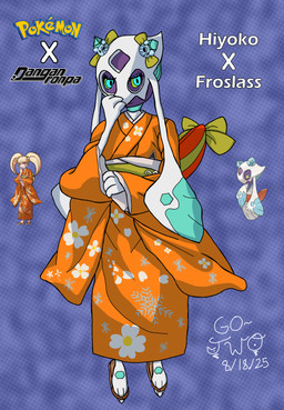 asian_clothing blue_eyes bow_ribbon clothing east_asian_clothing female floating glowing glowing_eyes hand_on_mouth japanese_clothing kimono orange_clothing orange_kimono solo go-two danganronpa danganronpa_2 nintendo pokemon spike_chunsoft hiyoko_saionji froslass generation_4_pokemon human humanoid mammal pokemon_(species) absurd_res hi_res