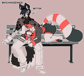 aloha_shirt anthro ass_up bench bodily_fluids bottomwear butt butt_grab clothed clothing duo eyewear female fur fur_markings glasses gloves hand_on_butt handwear hat headgear headwear jacket male male/female markings oral oral_penetration outline park_bench pattern_clothing pattern_shirt pattern_topwear penetration saliva scarf shirt shorts text topwear vicvance v_(vicvance) ailurid canid canine canis domestic_dog husky mammal nordic_sled_dog red_panda spitz artist_name digital_drawing_(artwork) digital_media_(artwork) english_text hi_res